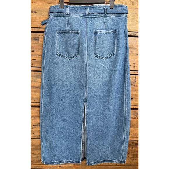 Pilcro Anthropologie Denim Skirt Women's Sz 10 Blue Belted Pencil Midi Back Slit - Picture 2 of 9